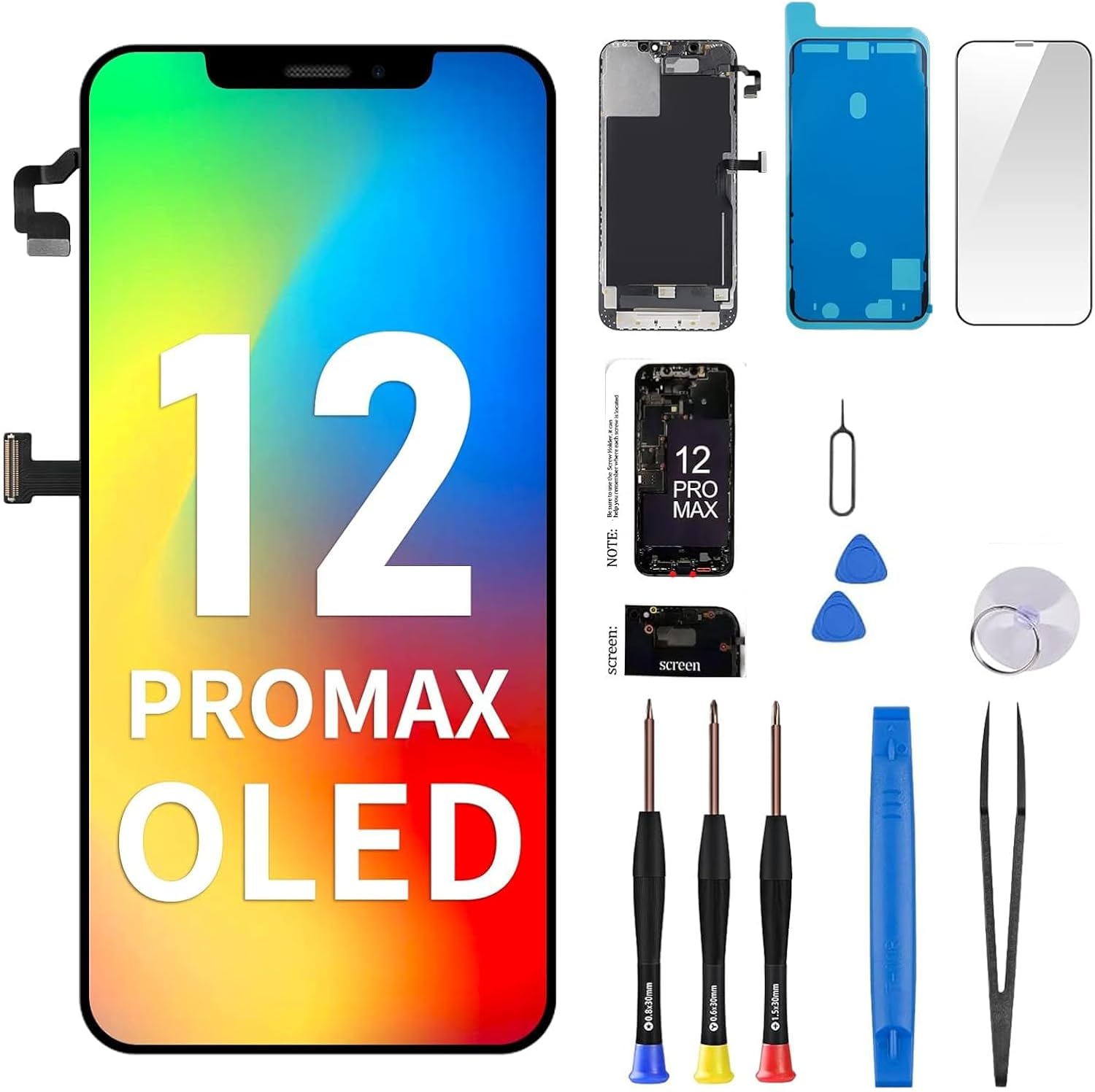 [OLED] for iPhone 12 Pro Max Screen Replacement 6.7" with Ear Speaker Proximity Sensor OLED Touch Display Digitizer Full Assembly with Repair Kits Waterproof Tools A2342 A2410 A2411 A2412