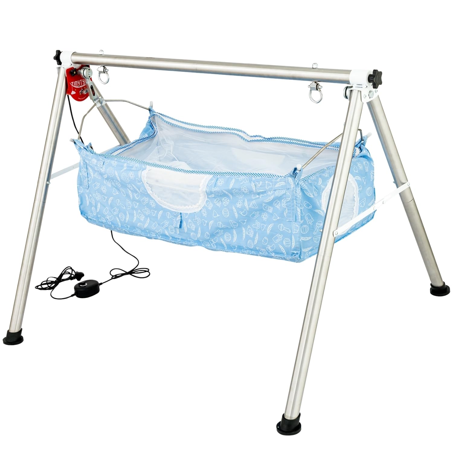 TINYTYKE Automatic Cradle for Baby - Electric Swing Cradle with Adjustable Speed - Semi-Foldable Frame with Blue Cloth and Mosquito Net - Baby Palna/Jhula for Kids of 0 to 3 Years - Carry Upto 20kgs