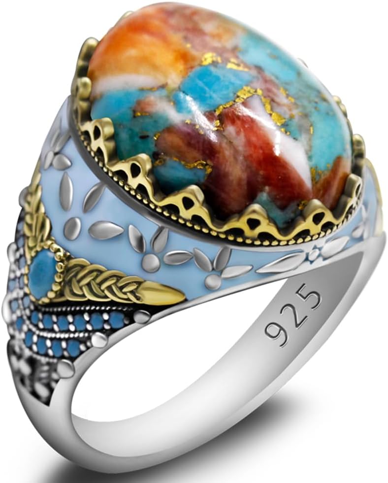 S925 mens rings silver inlaid with black agate stone, red zircon, purple zircon, green agate stone, green pine stone, lapis lazuli Turkiye rings for men