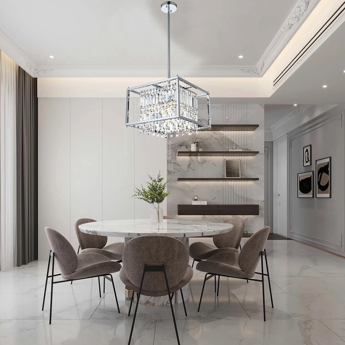 4-Light Dining Room Light Fixture, Square Industrial K9 Crystal Chandelier with 15.7 inch Metal Frame Crystal Pendant Light for Kitchen Island Dining Room Living Room Entryway (Chrome)