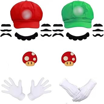 Super Bros Hats Costumes Accessories Set,Red and Green Caps Mustaches Gloves Mushroom Beard Badges Party Set Halloween Cosplay Costume for Men Women