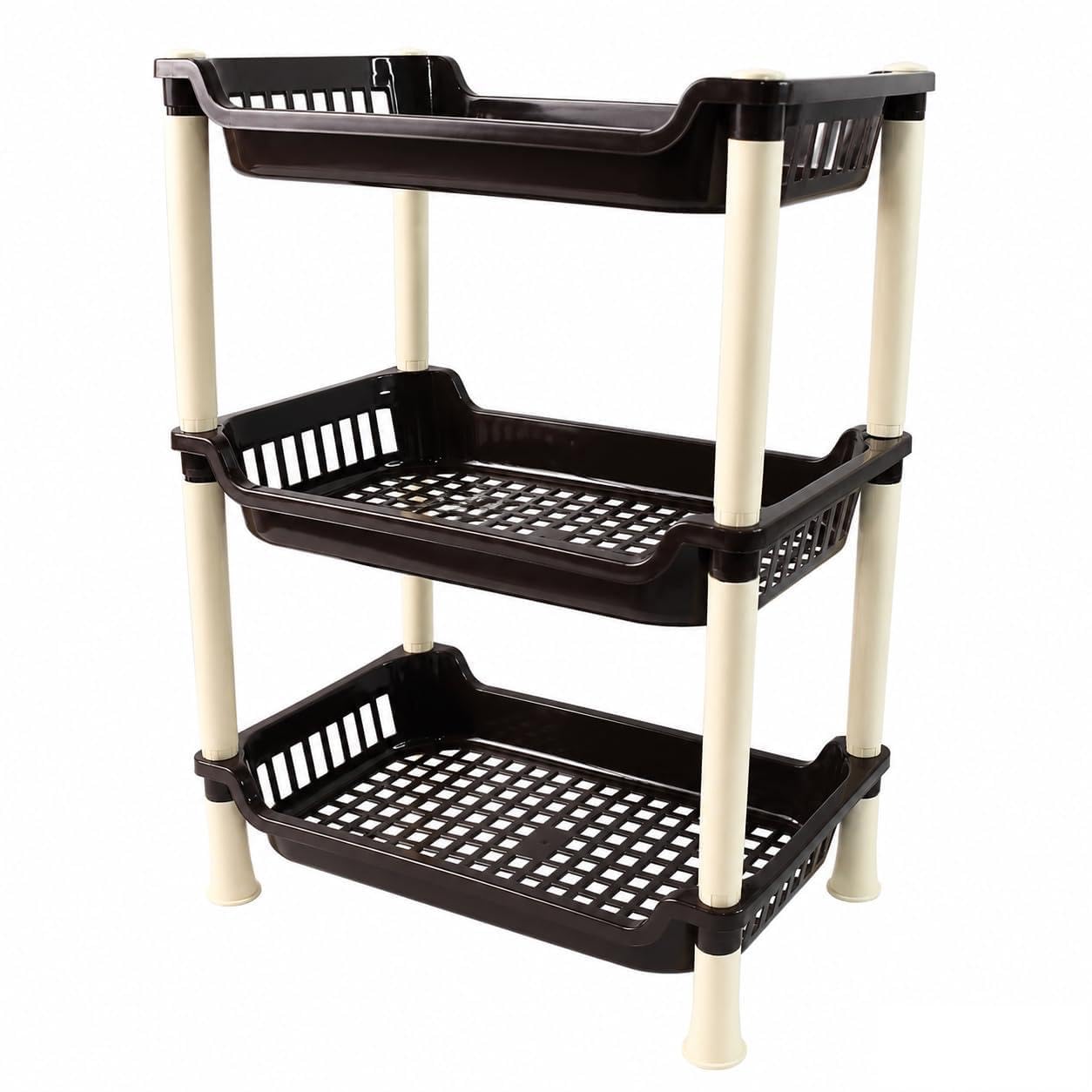 Mshine 3-Tier Multipurpose Plastic Storage Rack – Sturdy & Durable Organizer Shelf for Kitchen, Bathroom, Office & Living Room – Easy Assembly, Ventilated Design, Brown & Beige-image-7