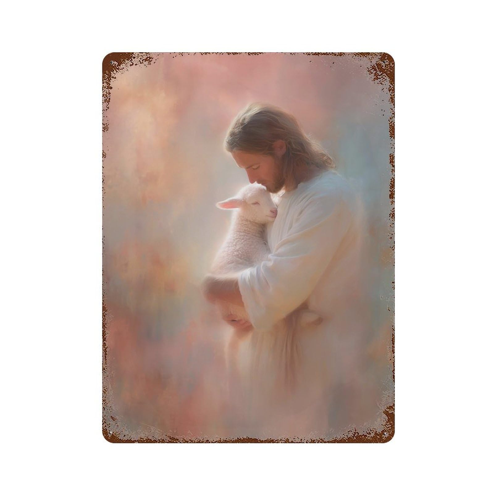 Garage Style Jesus Holding Lamb Painting Rust Effect Tin Sign 15.7"x11.8", Rustic Home Decor for Bar And Workshop