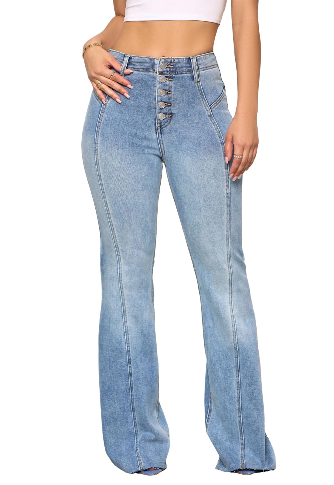 Women's Ripped Jeans High Waisted Bell Bottom Jeans Hem Destroyed Denim Pants