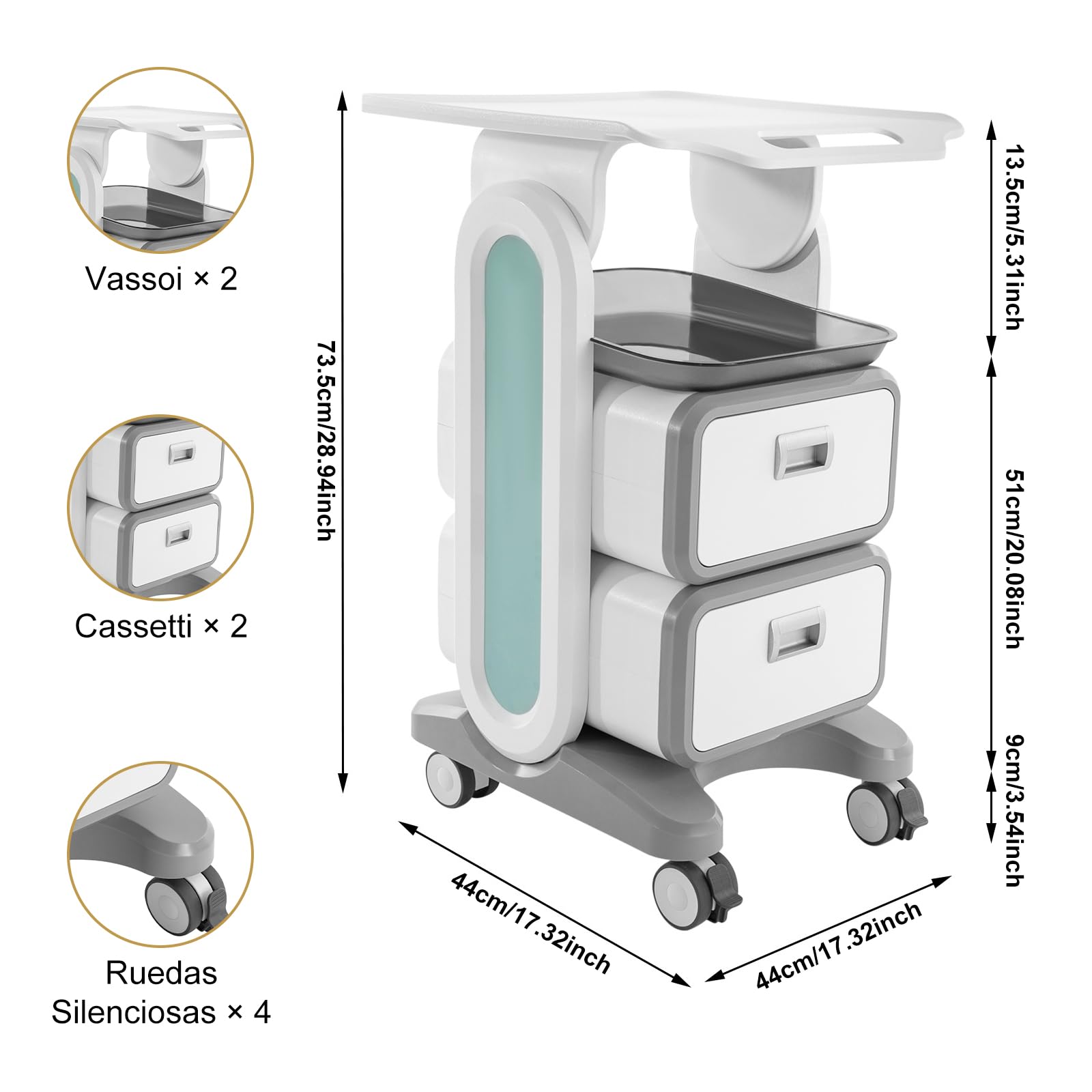 Carrello da Laboratorio 3 Ripiani Medico Mobile ABS 4 Ruote Silenziose Cassetti Vassoio
