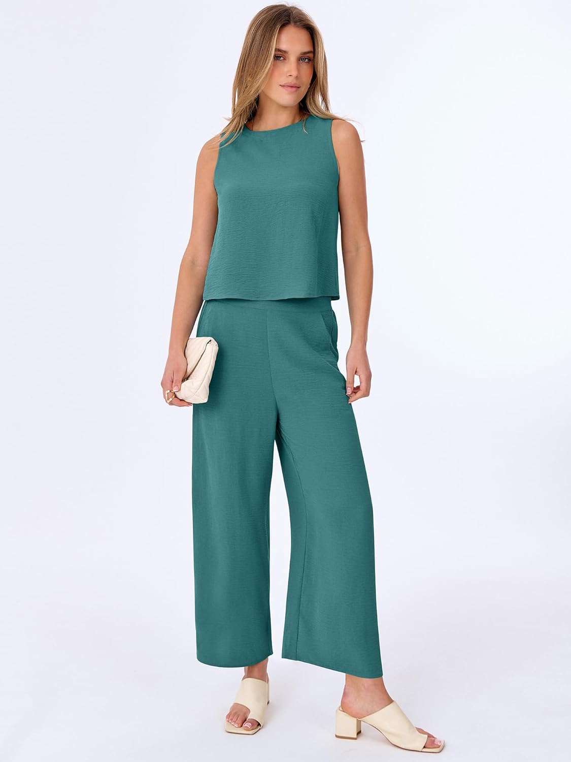 ANRABESS Women Lounge Sets 2 Piece Outfits Summer Sleeveless Crop Tops Capri Wide Leg Pants Vacation Beach Travel Sets - Image 7