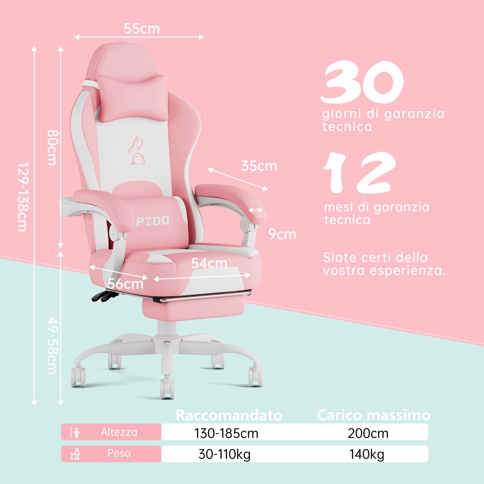PZDO Sedia Gaming Rosa con Decorazione Rimovibile, Ergonomica Sedia da Ufficio Imbottita Kawaii Poltrona da Gaming PC con Poggiapiedi, Adolescente, Ragazza, Adulto, Regalo (Rosa-Bianco)