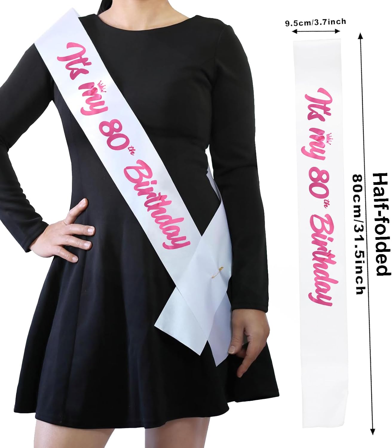 ‘It's My 80th Birthday' Sash White with Foil Pink Letters-80th Birthday Sash for Women-1 Count--3.74" W x 31.5" L - Female-Party Favors Supplies