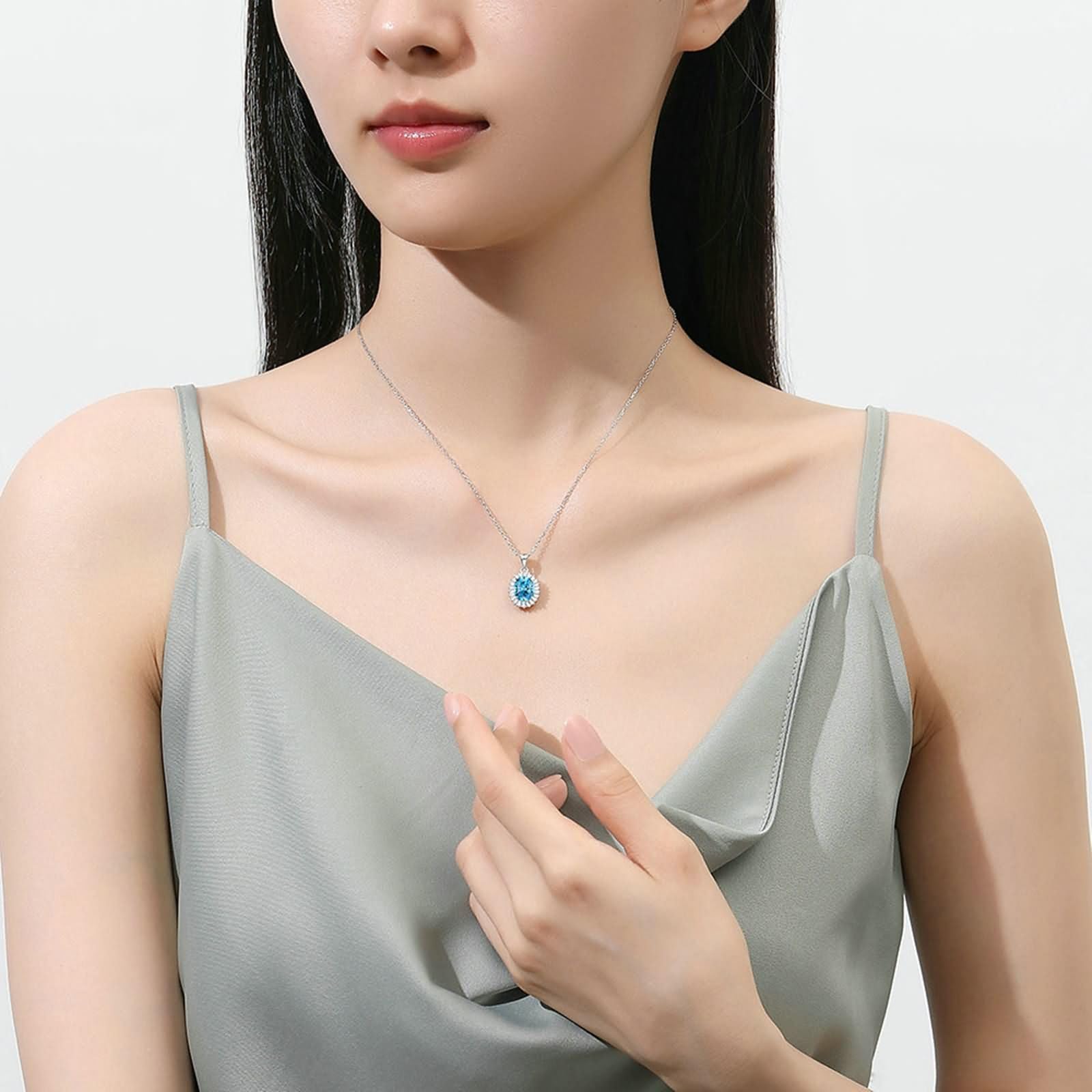 Collar de oro blanco de 9 kt/14 kt/18 quilates con colgante, flor y óvalo con topacio y moissanita de 2,5 quilates, collares con colgante azul plateado para mujer