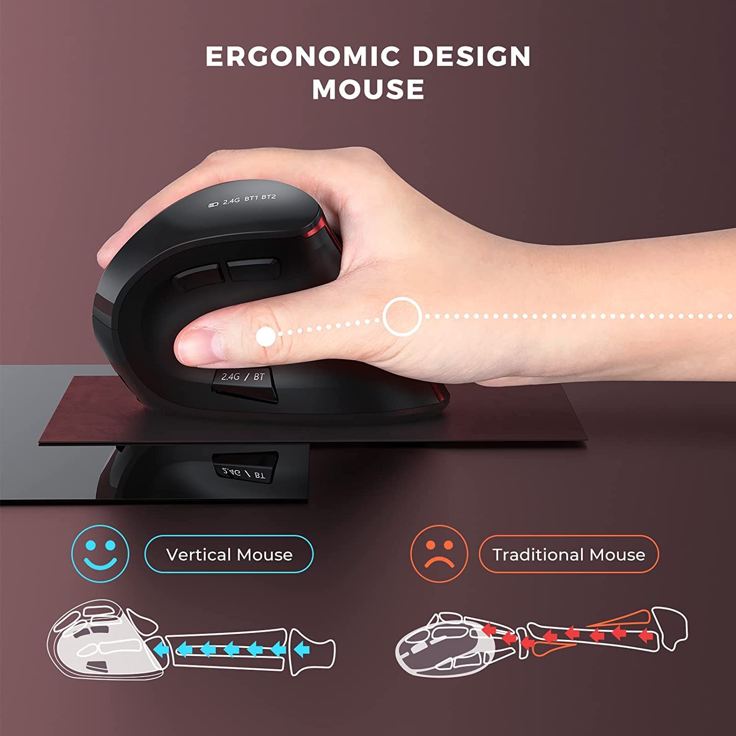 Souris sans fil ergonomique verticale (double Bluetooth +2.4 G), souris de jeu rechargeable sans fil multi-périphériques pour ordinateur portable, tablette, Android/iOS), Schwar&rouge