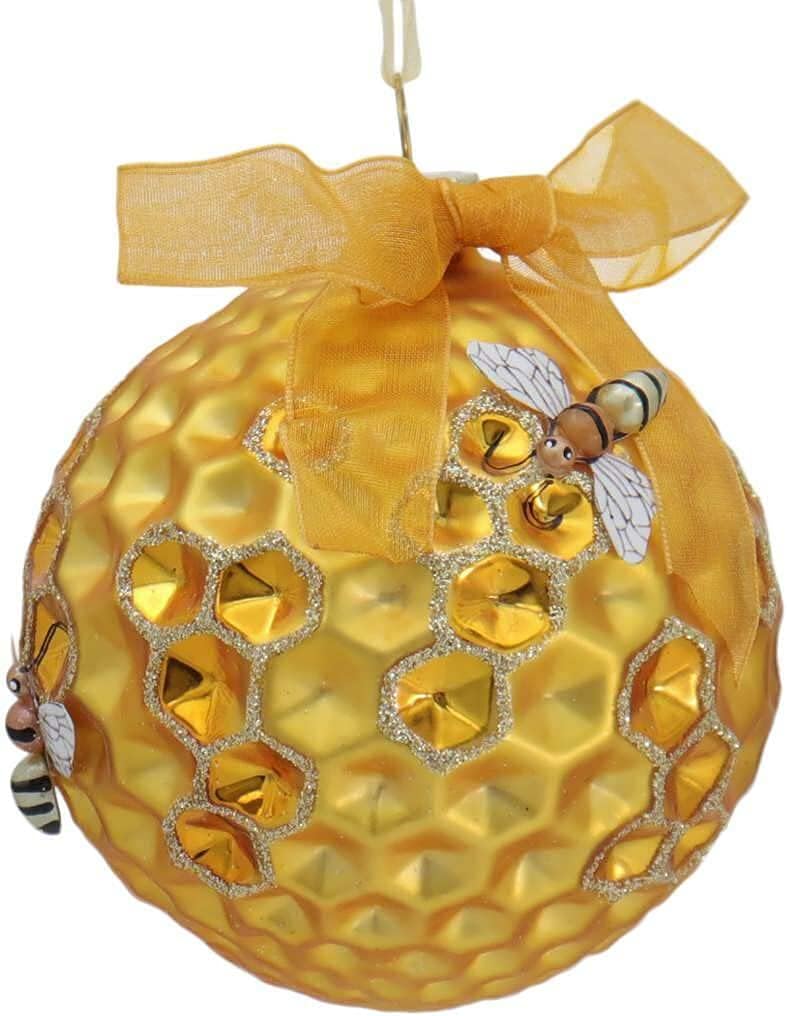 Kurt Adler Set/2 Bumble Honeycomb Bee Hive Christmas Tree Ball Ornament Décor,Glass