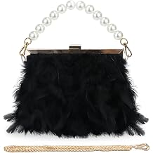 GOKTOW Feather Clutches Purses for Women Bag,Pearl Fluffy Evening Handbags for Wedding Anniversary Party