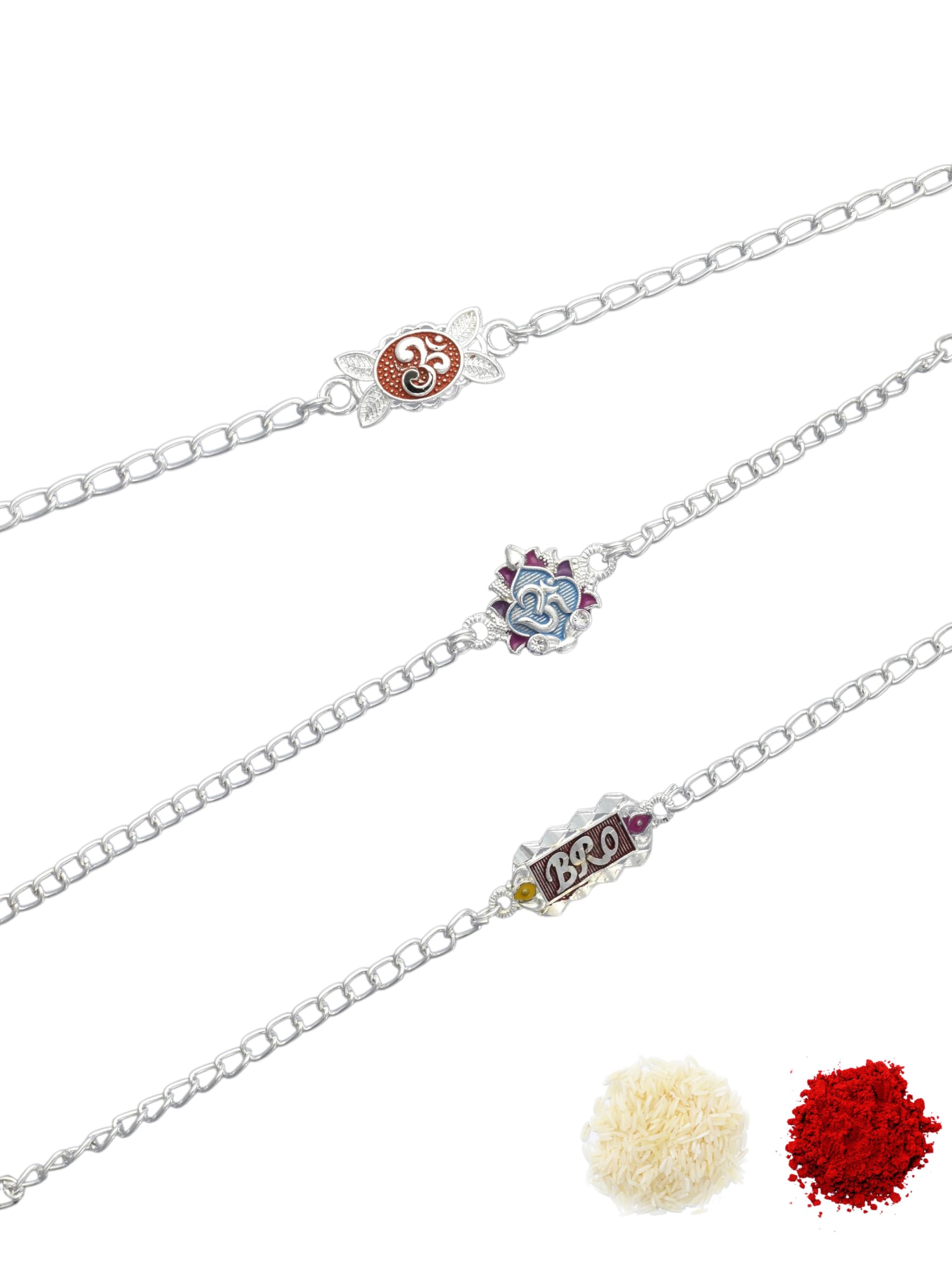 Premium Multi-coloured Minakari Finish Silver-Plated Combo of 3 Bracelet Type Chain Stylish Rakhi for Raksha Bandhan for Brother, Bhai, Bhaiya, with Roli Chawal and Greeting Card-59-image-40
