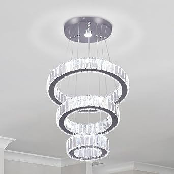 Adjustable 3 Ring Crystal Ring Pendant Chandelier Cool White | adjustable hanging cable chandelier Stainless Steel LED Ceiling Light Round Pendant Lamp for Bedroom Living Room Kitchen [Energy Class E]