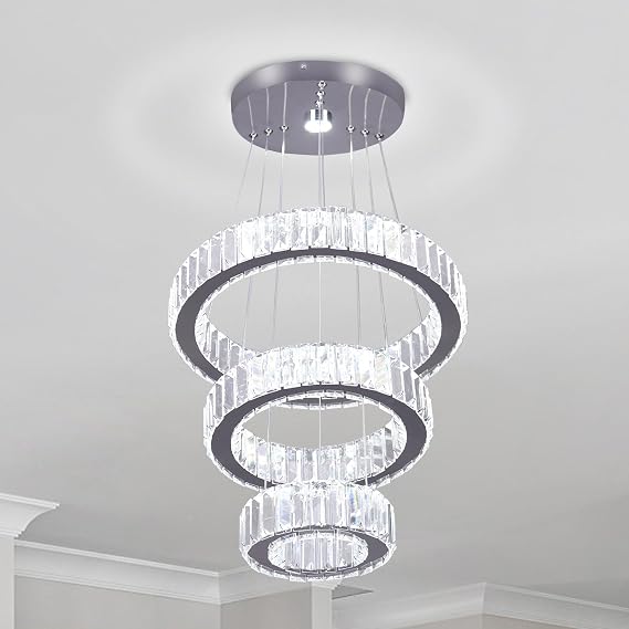 3 Ring Crystal Ring Pendant Chandelier Adjustable Dimmable Remote | Stainless Steel LED Ceiling Light with Remote Control Round Pendant Lamp for Bedroom Living Room Kitchen [Energy Class E]