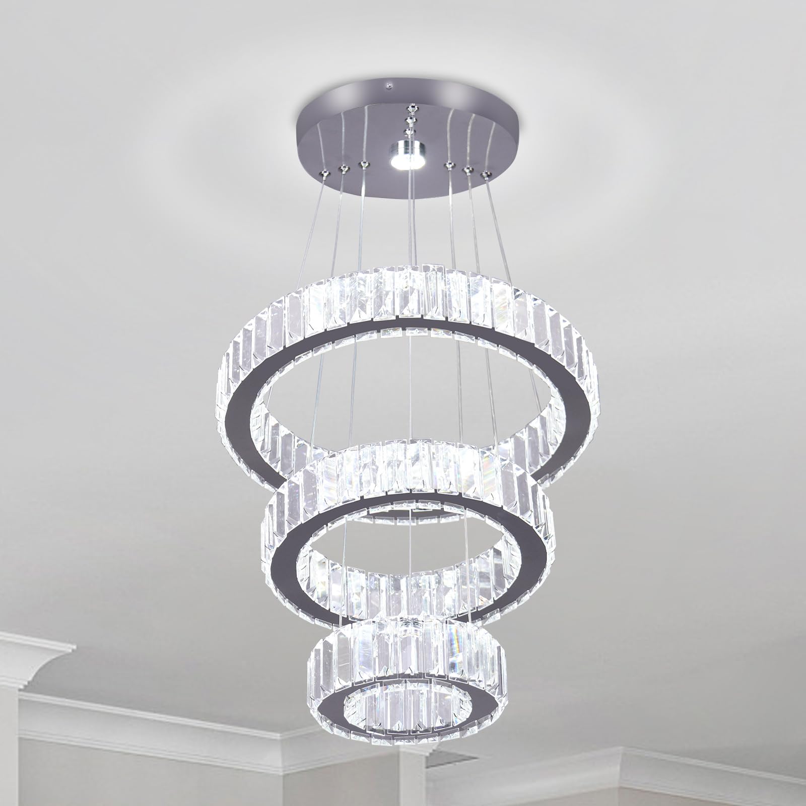 YPQXYHDA Adjustable 3 Ring Crystal Pendant Light Led Crystal Chandelier Stainless Steel LED Ceiling Light Round Pendant Lamp for Bedroom,Living Room,Kitchen Cool White