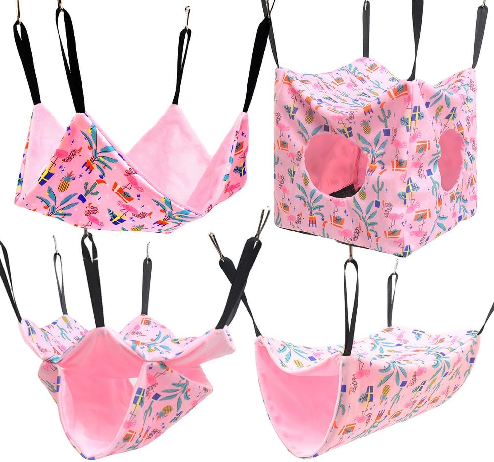 4 Pack Ferret Hammock Set, Hanging Soft Small Animal Hammocks with Hideout,Tunnel and Double Layer,Cage Accessories for Ferret,Rats,Sugar Glider,Squirrel (Pink)