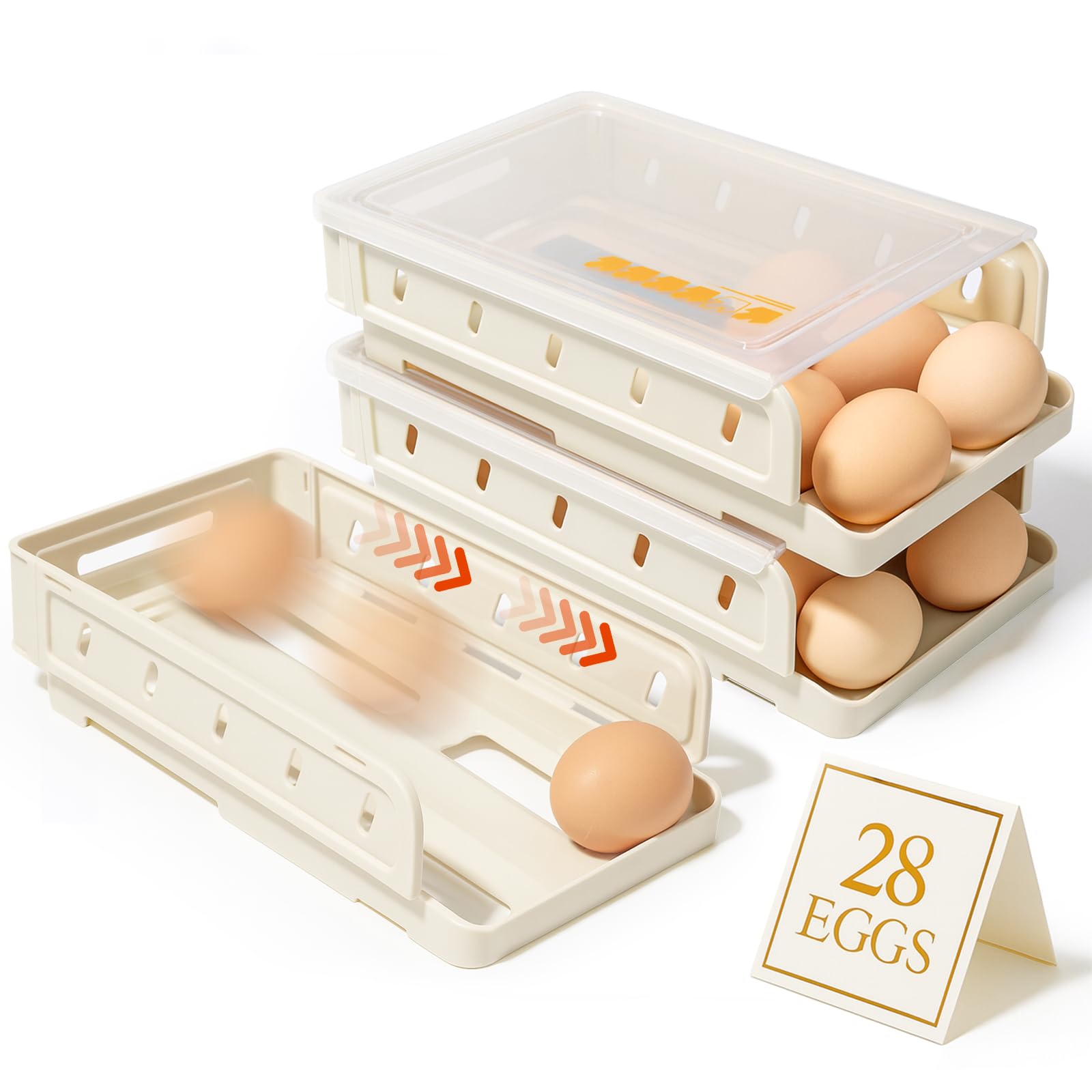 Automatic Rolling Egg Holder for Refrigerator, 2-Pack Stackable Egg Storage Containers, Smooth Glide Track, Steady Base &amp; Dishwasher Safe