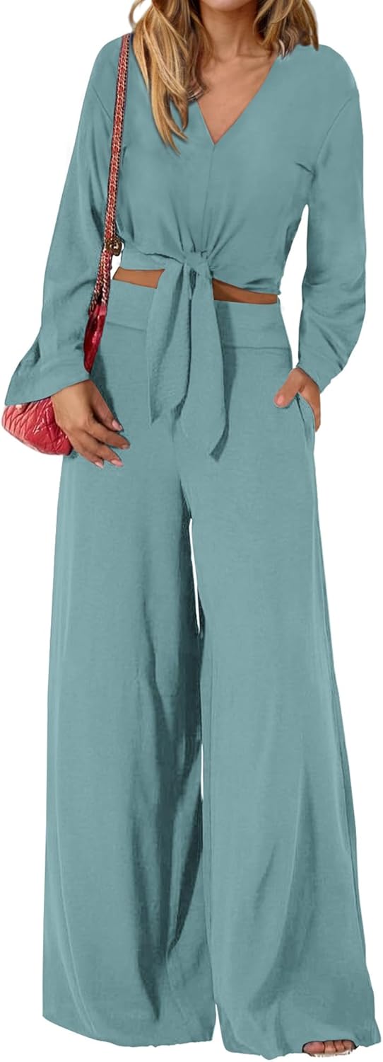 PRETTYGARDEN Women's 2 Piece Outfits 2025 Fall Fashion V Neck Long Sleeve Strappy Crop Top Wide Leg Pant Lounge Sets