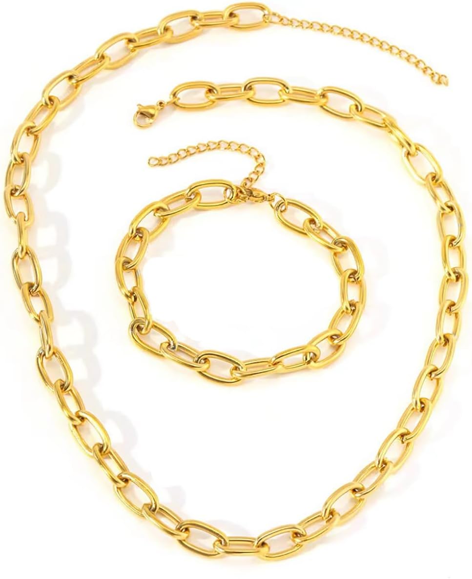 Gold Paperclip Chain Necklace Bracelet Set for Women Chunky Statement Choker Necklace Bracelet Set Dainty Rectangle Paperclip Link Chain Set Trendy Chunky Paperclip Jewelry