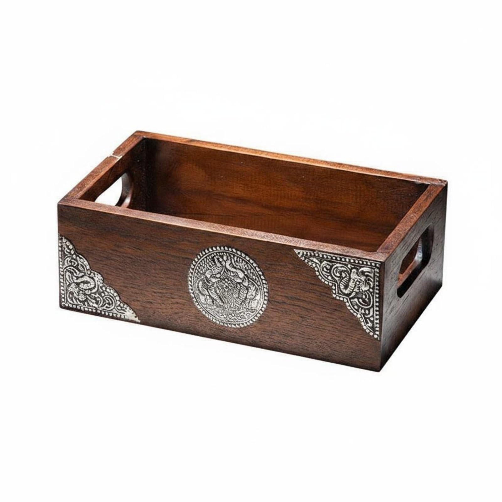Industrial Tray Teak Holz Tablett Rechteck Serviertablett Dekotablett Aufbewahrung mit Zinn Elementen für Getränke Snacks Obst Und Briefe für Esstisch, Klein 24cm X 14cm X 8cm