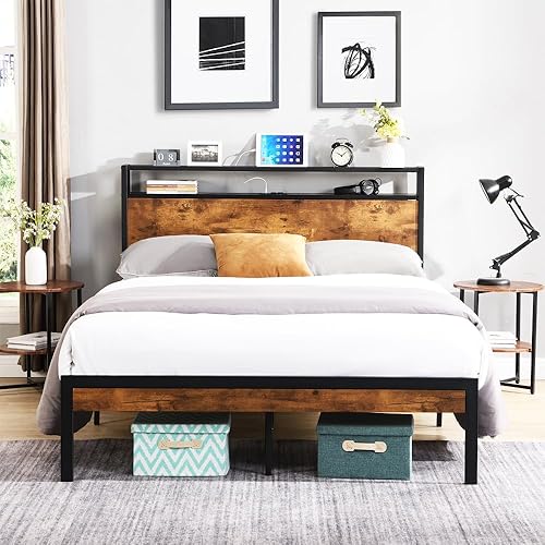 Base de cama industrial tamaño matrimonial, marco de cama de plataforma con tomas de corriente y 2 puertos USB y con cabecera de almacenamiento de 2