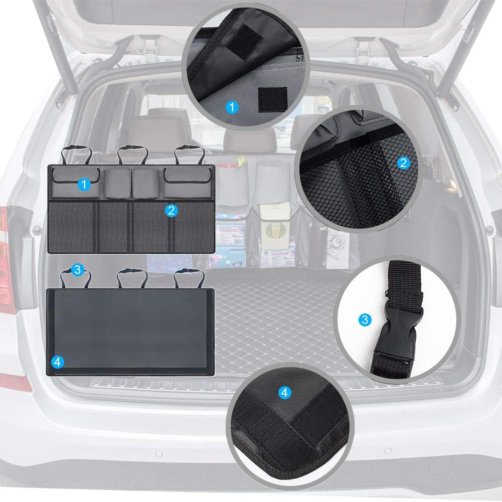 Car Trunk Organizer, 8 Pocket Backseat Trunk Organizer, Collapsible Cargo Net Storage for SUV, Truck, MPV, Space Saving Hanging Car Interior Accessories with Adjustable Straps for Men and Women, Grey