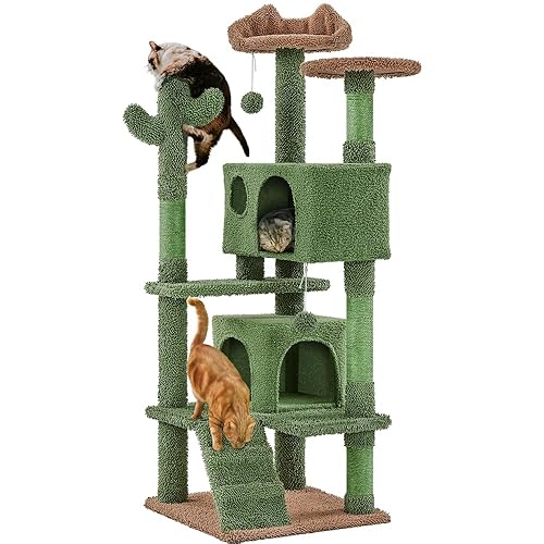 Yaheetech Cactus Cat Tree, 54.5in Tower w/Ramp, Animal-Ear Shaped Perch, Scratching Posts, Platform & Hanging Ball, Multi-Level Condo for Indoor Kittens, Green/Brown