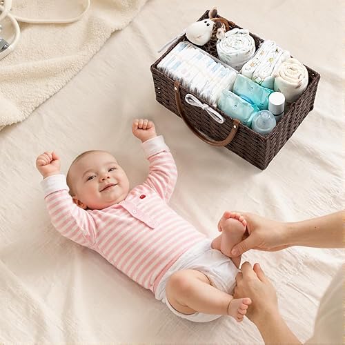Miniatura 6 de HBlife Organizador de pañales grande, lavable e impermeable, cesta tejida de mimbre portátil con divisor, estación de pañales para guardería, cesta