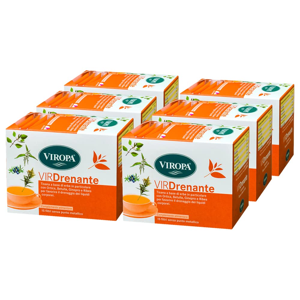 VIROPA VirDrenante - 15 Filtri, Senza Punto Metallico - Tisana A Base Di Erbe, Con Ortica e Ribes, Favorisce Il Drenaggio Dei Liquidi Corporei (6 Confezioni)
