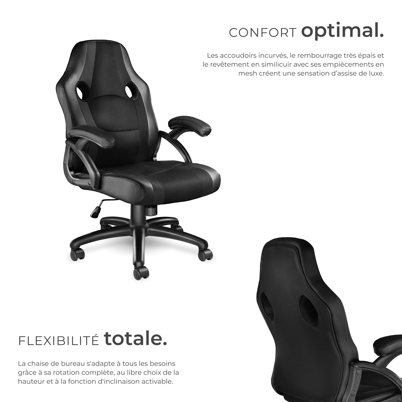 tectake® Chaise Gaming Chaise de Bureau Fauteuil de Bureau Siège Gaming Fauteuil pivotant Design à 360°, Chaise Ergonomique, Fauteuil avec Accoudoirs, Roulette, Hauteur réglable, Teletravail