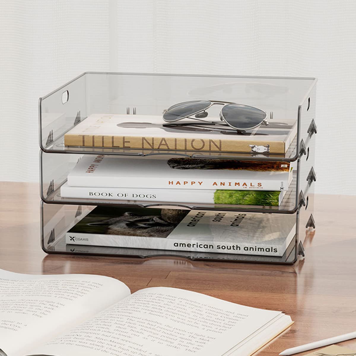 Lot de 2 boîtes de Rangement Transparentes et empilables avec couvercles pour Bureau, Format A4, pour Documents, Livres, Salle d'étude