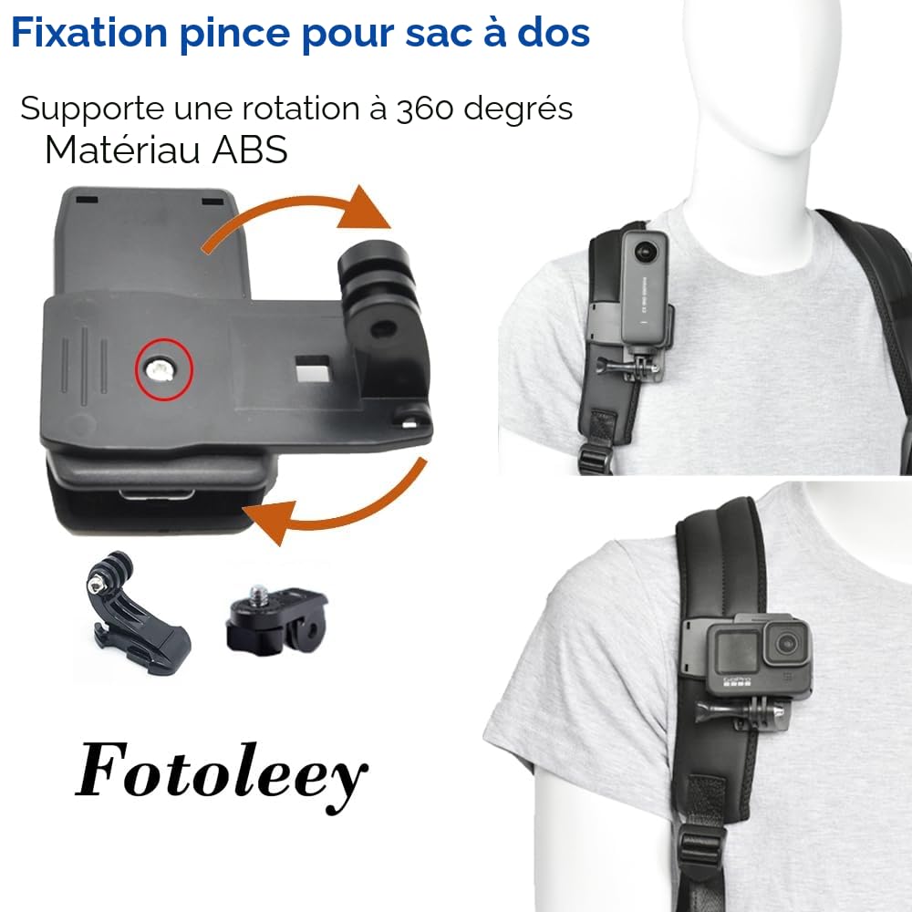 Kit d'accessoires de Sangle de Poitrine pour Insta360 X5/X4/X3/X2/Ace,Compatible avec GoPro Hero, y Compris Support de Sangle de tête, Clip de Sac à Dos, Support de dragonne