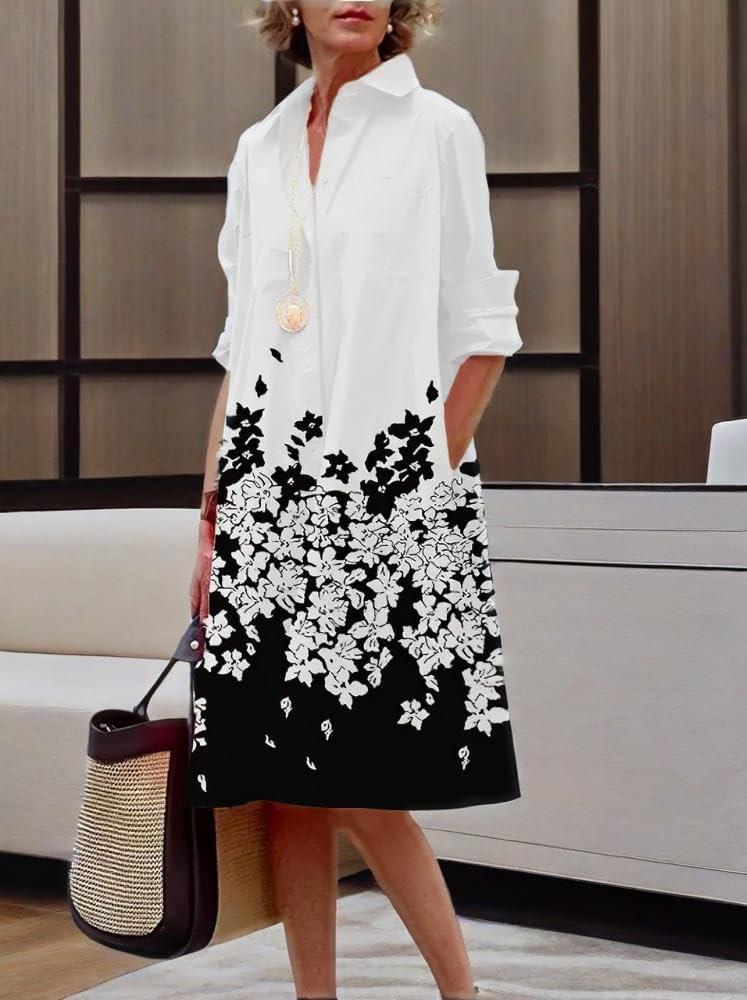 Womens 2025 Long Sleeve Button Down Shirt Summer Dress Casual V Neck Loose Fit Midi Shirt Dresses with Pockets - Image 6