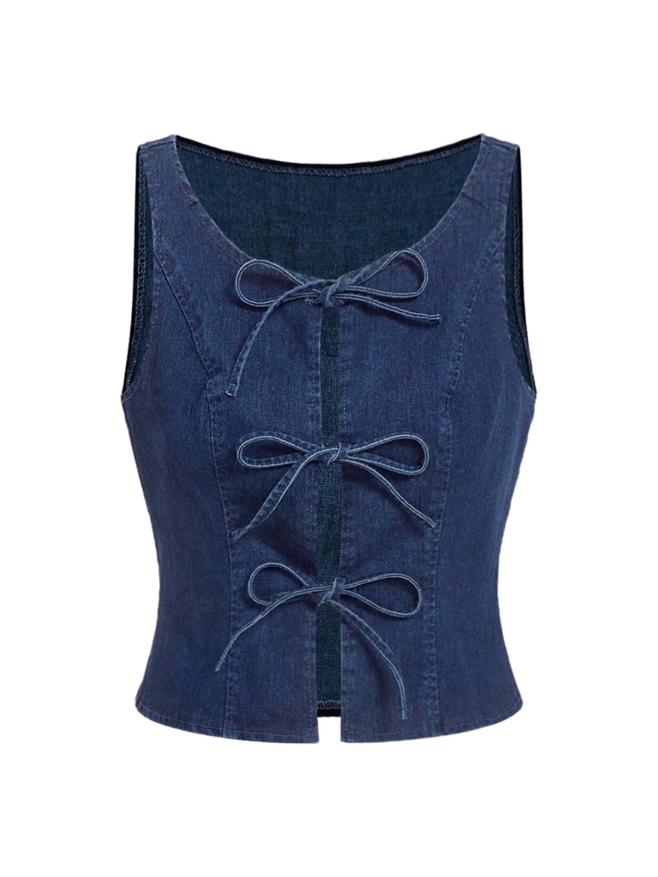 WDIRARA Womens Bow Tie Denim Vest Y2k Scoop Neck Sleeveless Cropped Jean Jacket Vest