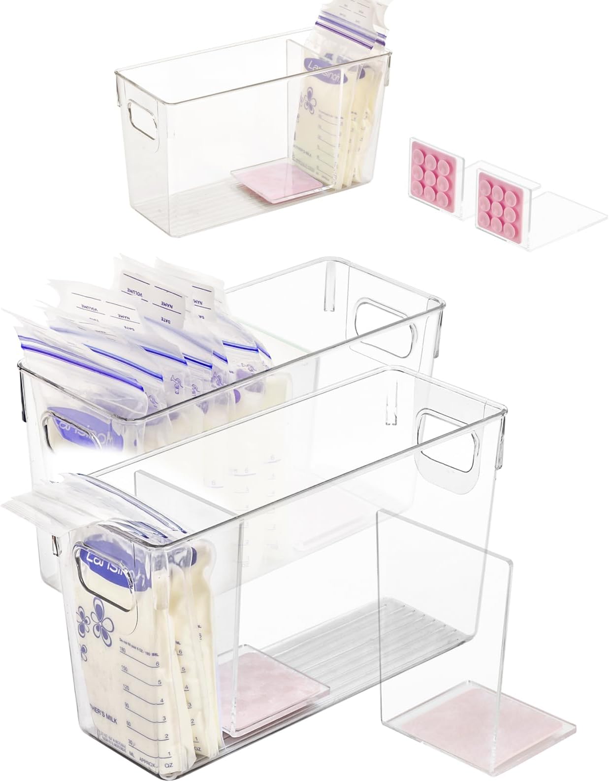 Breastmilk Storage Container with L Shaped Separator Boards, Dividers Will Flatten Standing Breast Milk Bags in Organizer Bins to Save Refrigerator Space | 2 Containers Plus 4 Pink Boards in Total.