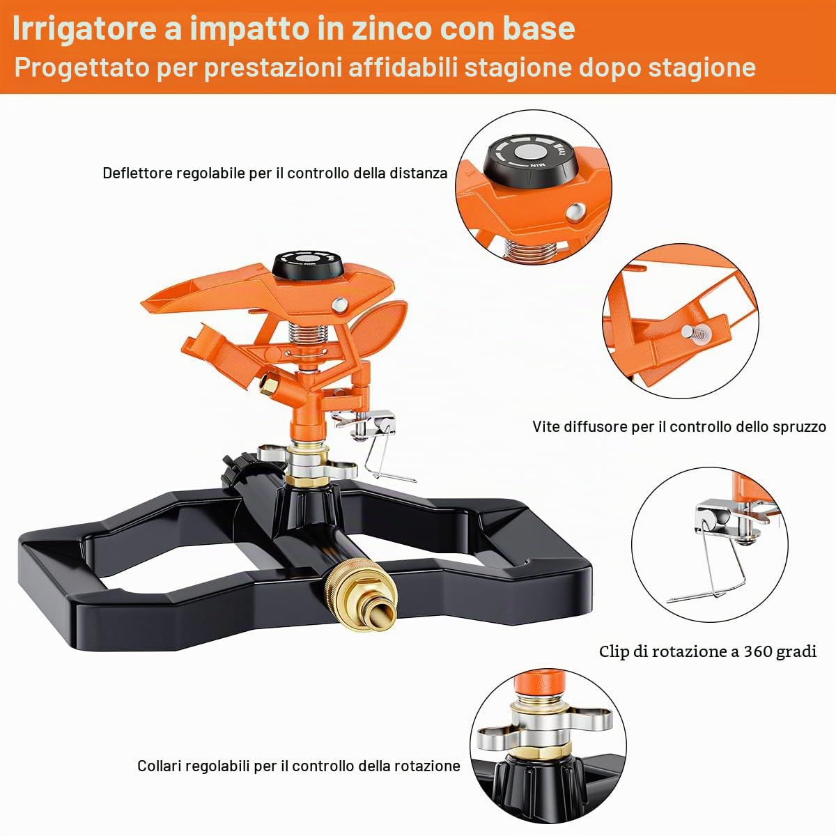 FANHAO Irrigatore a Impulsi ad alta Resistenza per Cortile, Base 100% Metallo con Irrigatori per prato Rotanti a 360 Gradi, Irrigatore Regolabile da Giardino per Grandi Area, Copertura fino a 540 m²