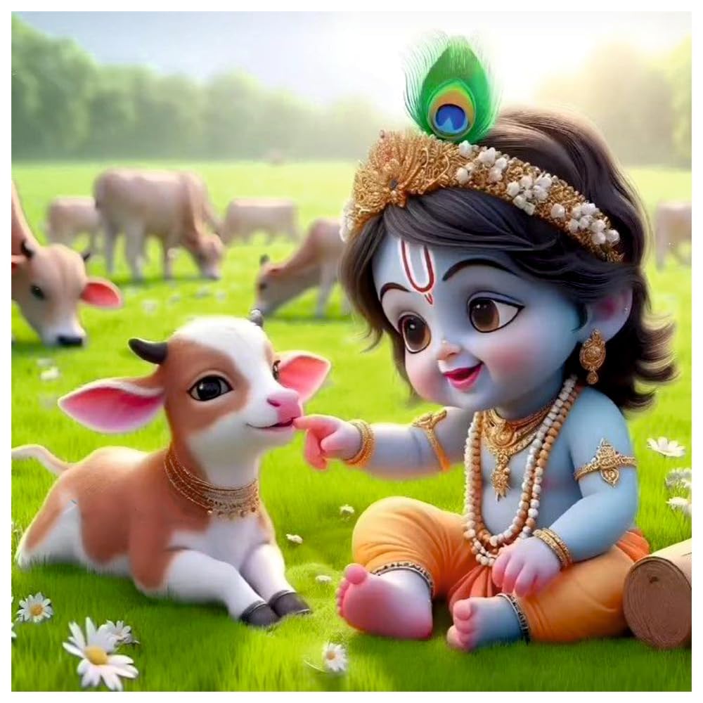 Sky Flying Little Cute Cow And Blue Krishan Mukhut Wall Poster (K16_Poster-20) For Living Room, Pooja Room, Kids Room, Office (Size – 41CM X 41CM)