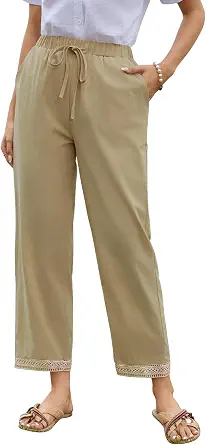 Women's Cotton Linen Pants Lightweight Summer Trousers Wide Leg with Hollow Lace Hem Beach Lounge Pant with Pockets
