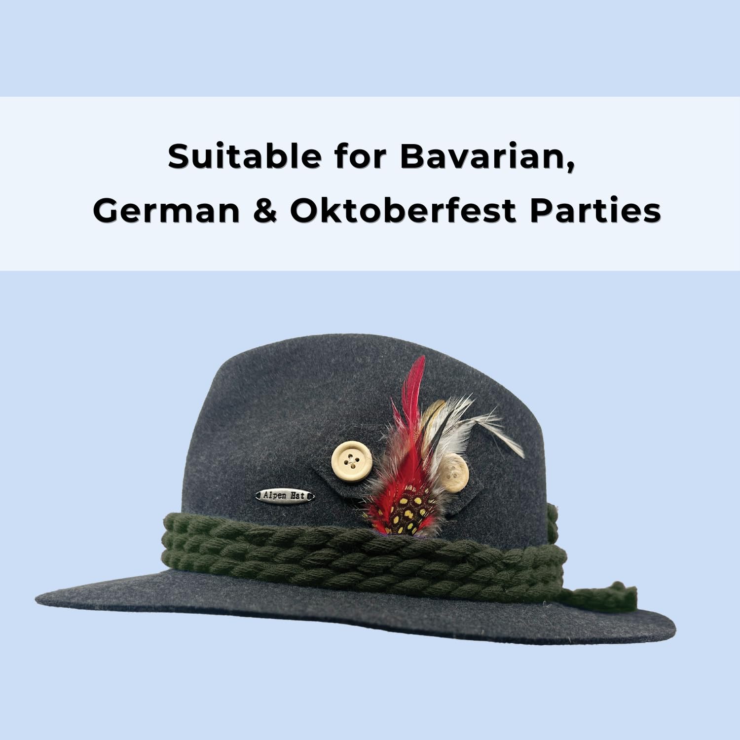 Oktoberfest Haus Deluxe German Hat | Bavarian Tirol Alps Wool Hat with Feather & Sweat Band | Traditional Alpine Oktoberfest Costume Accessory for Bavarian Events or Halloween | Grey | Large