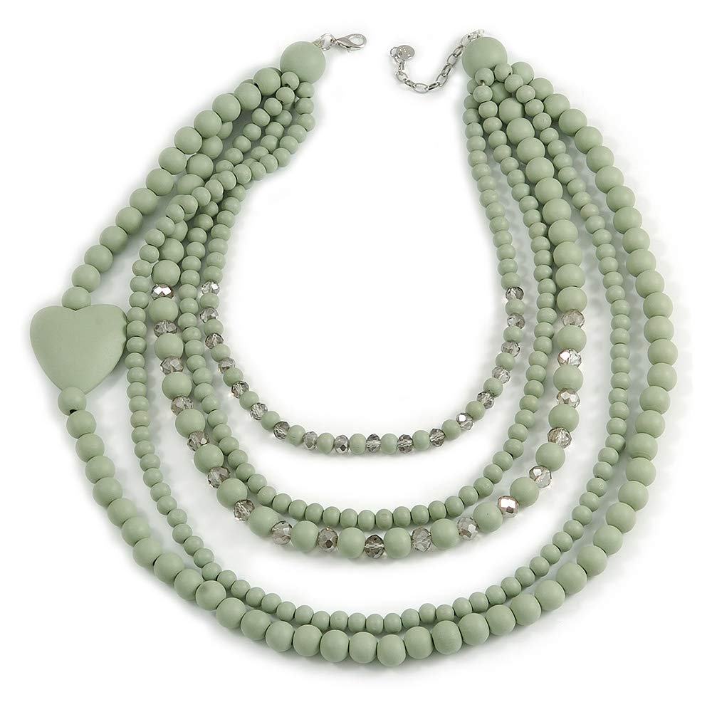 Avalaya Collana multifilo con perline di vetro verde lime con chiusura in legno, lunghezza 56 cm