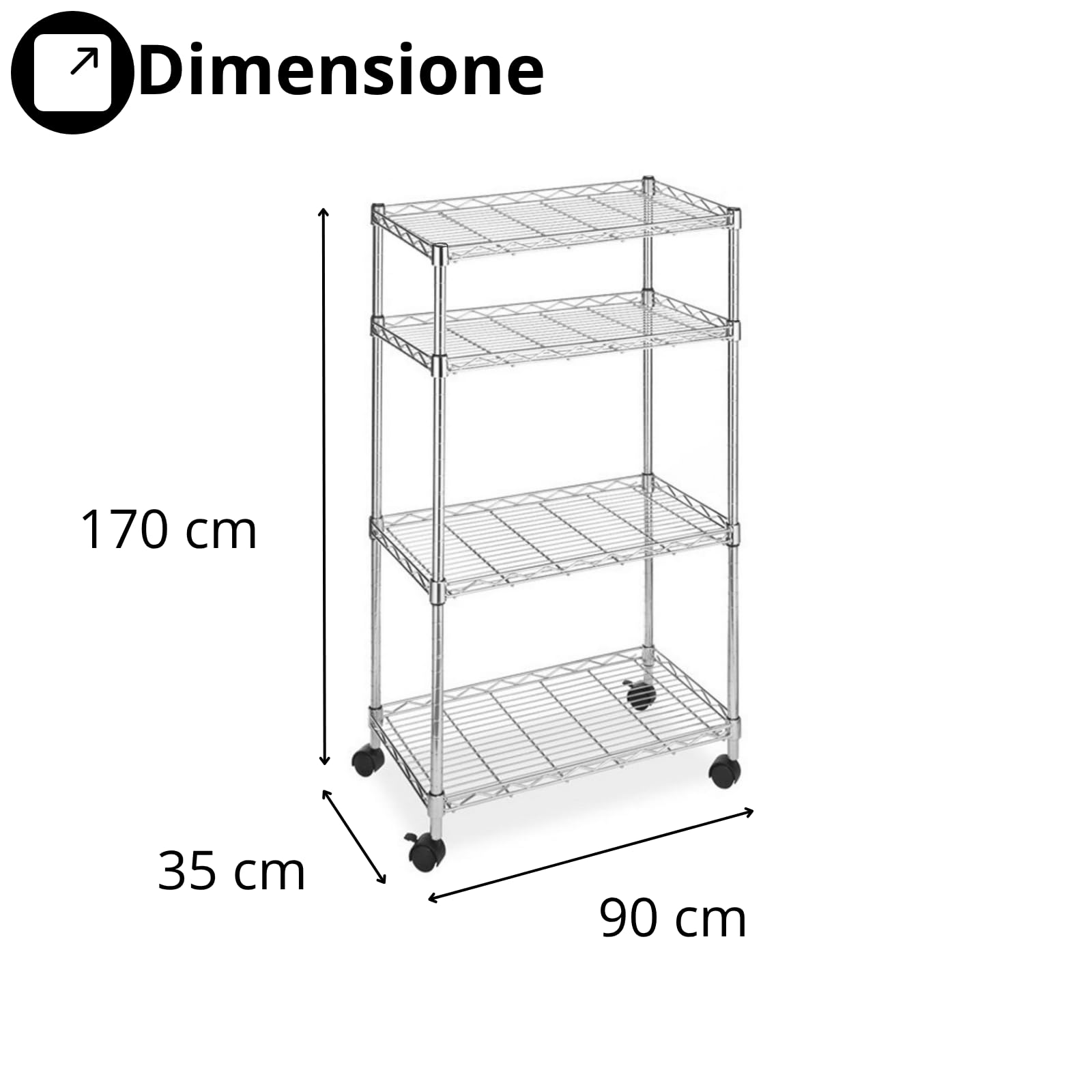 Scaffale in Metallo Scaffalatura con 4 Ripiani e Ruote Multiuso Salvaspazio in Acciaio Cromato Ideale per Casa,Ufficio,Soggiorno,Garage 90x35xH170 CM