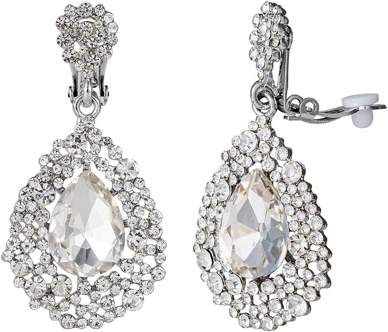 YINLI Full Crystal Hollow Tear Drop Statement Clip on Earrings for Women