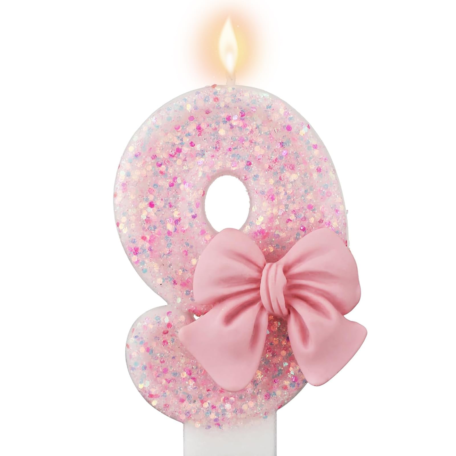 Pink Number 9 Birthday Cake Candle, 2.9 Inch Glitter Pink Number Bow Candle, Girl 9th Birthday Cake Topper Decoration Supplies