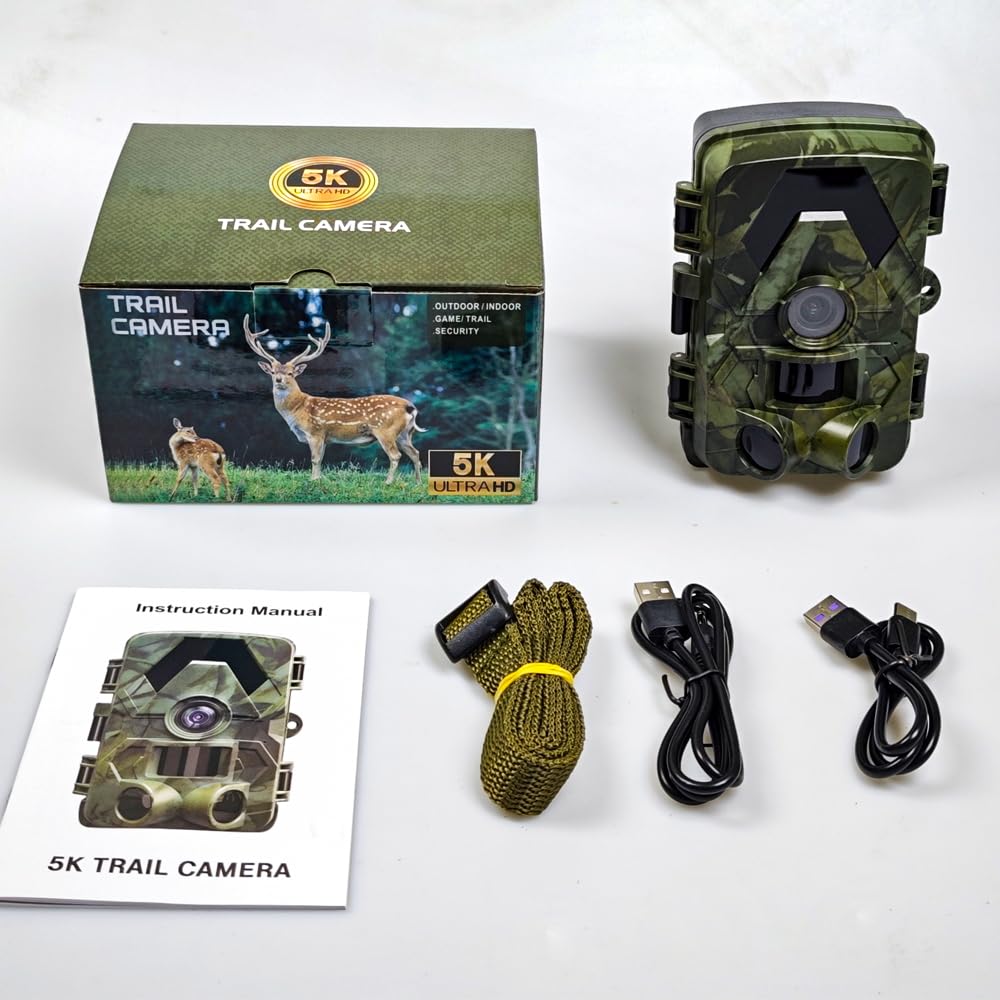 Wildkamera, 5K 60MP Wildtierkamera, 98FT 130 Weitwinkel Jagdkamera, 0,05s Auslösezeit Nachtsicht Bewegungssensor, IP66 Wasserdicht, kein Glühen Infrarot-LEDs Überwachungskamera mit 32GB Speicherkarte