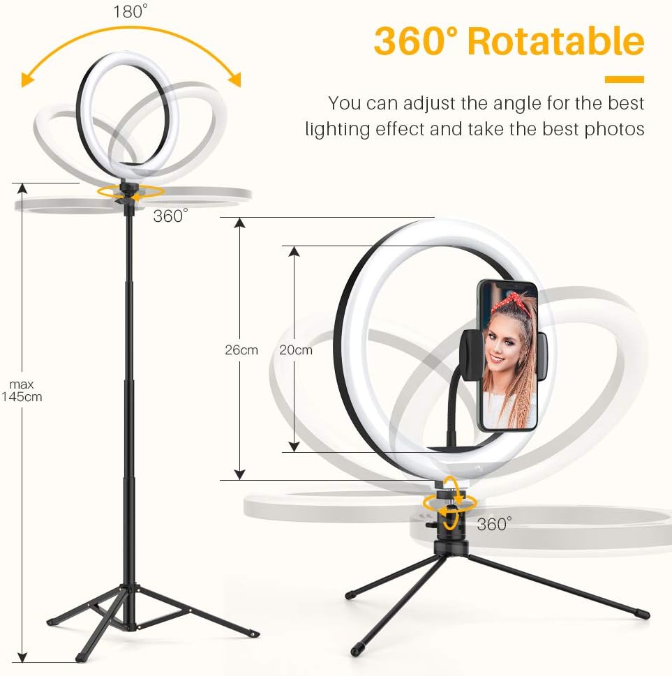 10.2" Ring Light with 2 Tripod Stand&Phone Holder,Anozer Dimmable Selfie Ring Light LED Camera Ringlight with 57.1" Floor&Desktop Tripod for Live Stream/Makeup/YouTube, Compatible with iPhone/Android