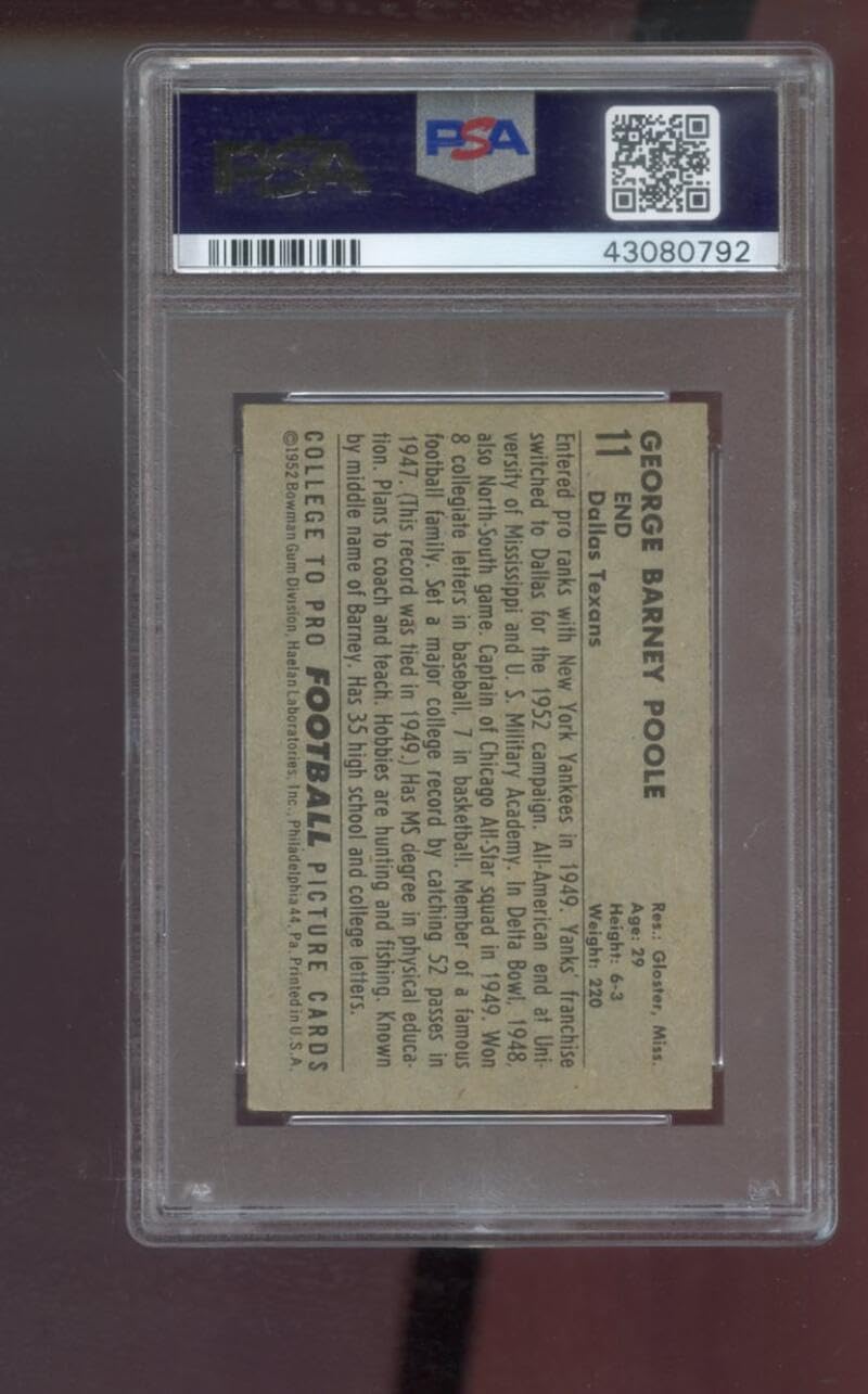 1952 Bowman Small #11 Barney Poole PSA 5.5 Graded Football Card NFL Dallas Texans
