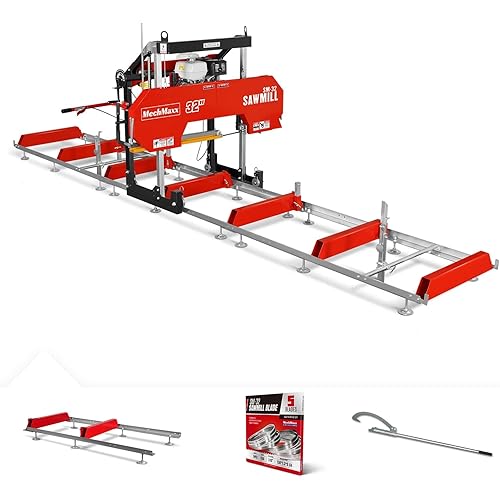 32" Portable Sawmill (5 x Blades Included),HONDA GX390 389cc 11.7HP E-Start Gasoline Engine,26.5" Board Width,20' Track Length (13' Track Length + 6.6' Track Extension Included),Model SM32
