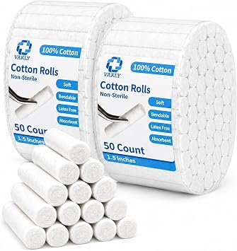 Vakly Dental Cotton Rolls #2 Medium 1.5 in 100 Count 100% Absorbent Non-Sterile Cotton Rolls for Dental Use, Mouth Gauze & Nosebleeds