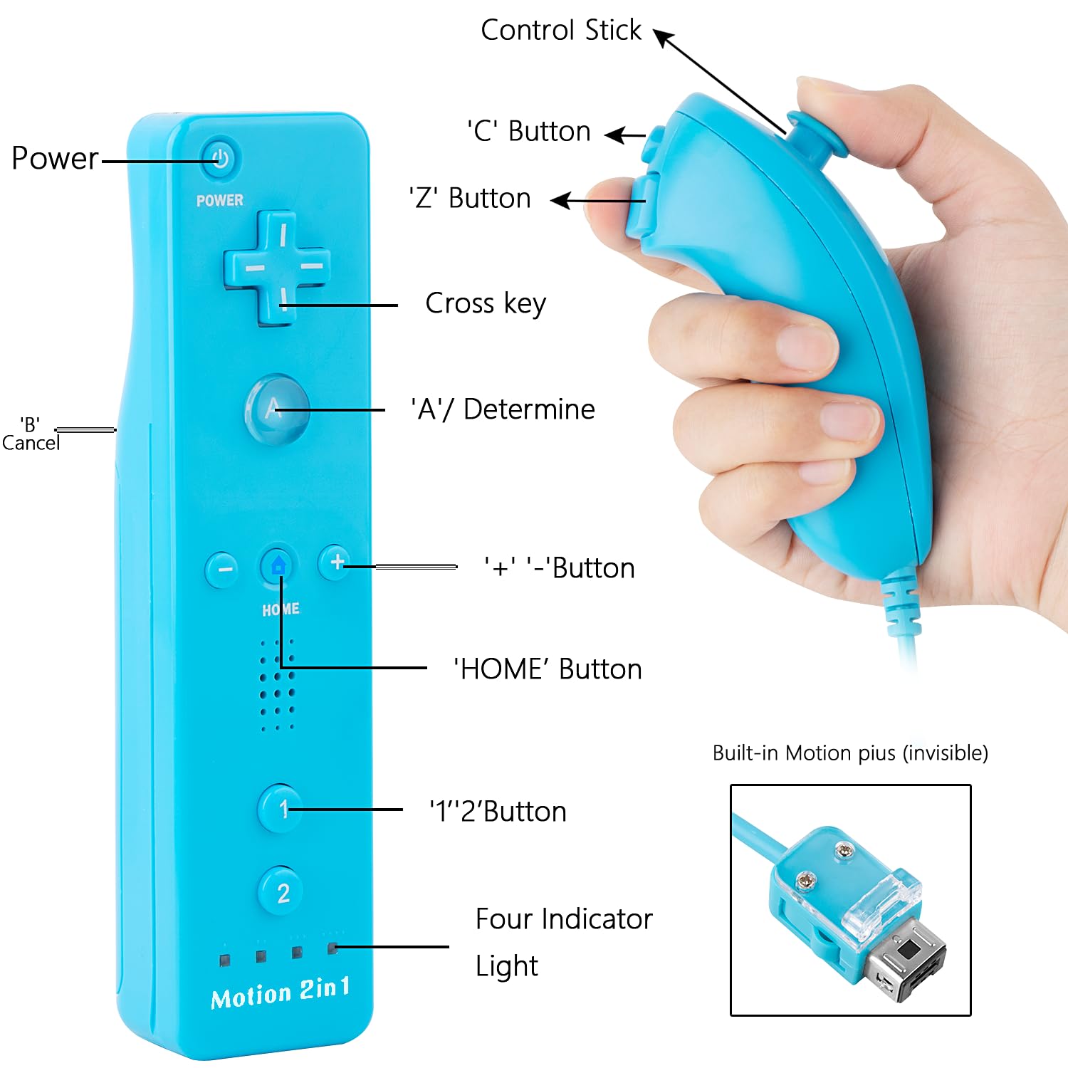 DTianSir 2Pack Motion Plus Wii Remote Controllers with Nunchucks,Wii Remote Controllers with Built in Motion Plus Compatible for Wii U Consoles(Red&Light Blue) - Image 3